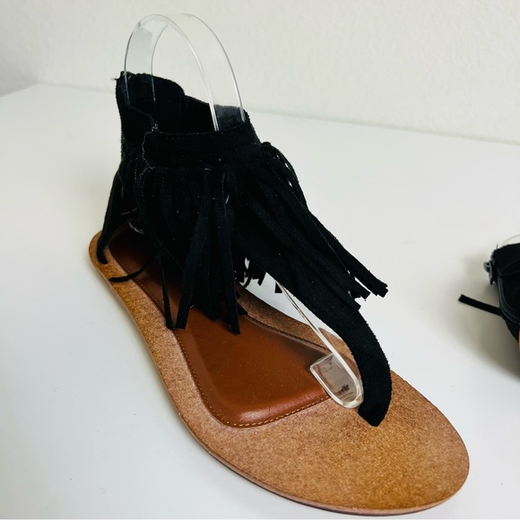 Black Suede Fringe Ankle Zip Up Brown Sole Sandals - Picture 10 of 16